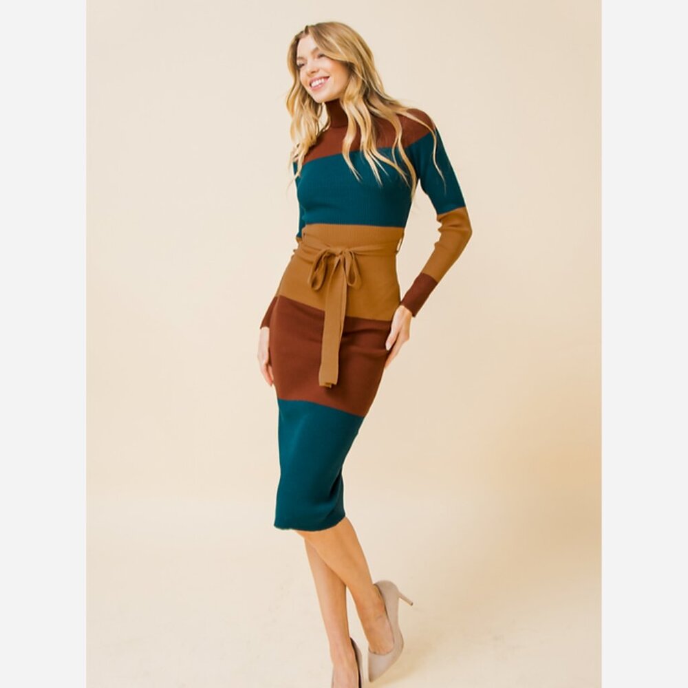 Elegant Color Block Midi Dress - Picture 2 of 9
